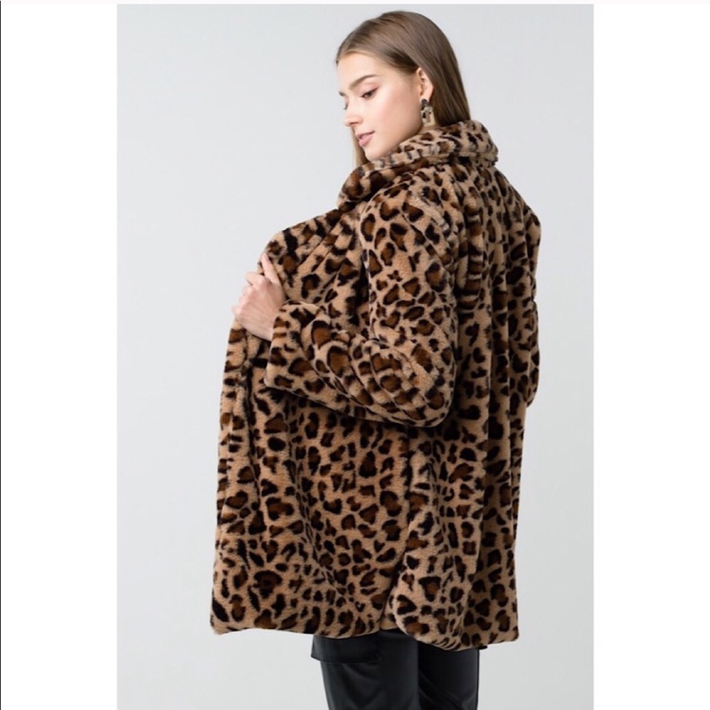 Leopard Print Notch Color Faux Fur Coat - Picture 4 of 8